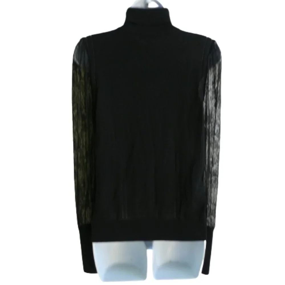 Equipment Femme Black Wool Silk Knit Turtleneck Sheer Lace Sleeves Knit Long Cuf